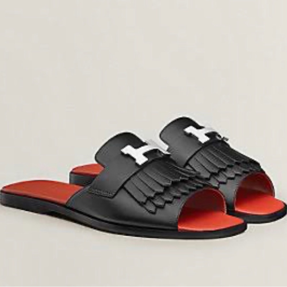 Black Leather Hermes Auteuil Sandal